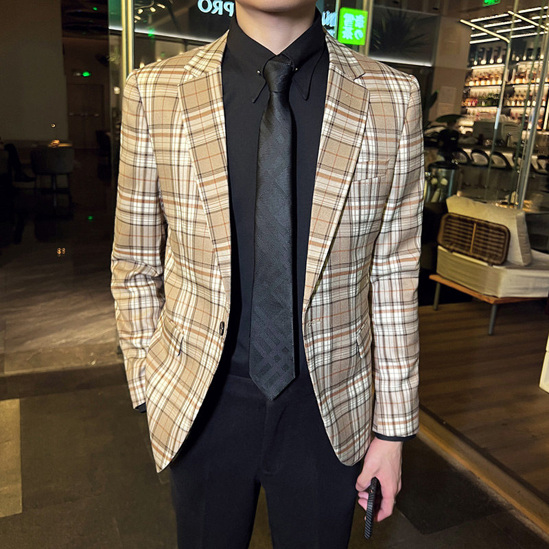 秋冬款英伦韩版修身男士商务休闲单排扣西服外套卡其色X09-P155，男装西服，电商C308