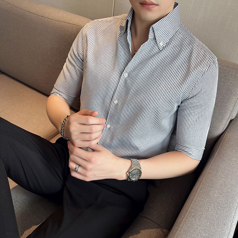 雅痞青年个性网红V领衬衫男中袖帅气修身休闲立领痞帅衬衣C08-P68，男装衬衫，电商C308