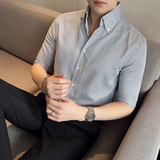 雅痞青年个性网红V领衬衫男中袖帅气修身休闲立领痞帅衬衣C08-P68，男装衬衫，电商C308