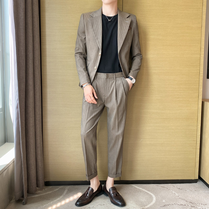 痞雅高级感休闲条纹二粒扣西服+英伦青年九分西裤LJT07-P230，男装西服，电商C308