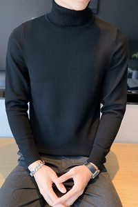 秋冬韩版高领修身打底衫翻领套头纯色针织衫毛衣潮男杏色 MY2-P45图片
