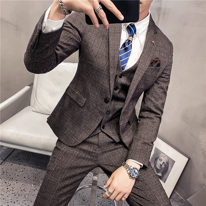 20秋冬款英伦韩风修身时尚商务格子西服男士三件套SJT956-特P260,男装西服,电商C308