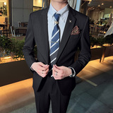 韩版修身男士一粒扣条纹西服二件套新郎伴郎套装黑色LJT28-P220，男装西服，电商C308