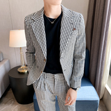 高级感千鸟格休闲小西服男外套韩版修身英伦痞帅单西装X06-P155，男装西服套装，电商C308