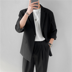 21 春夏款 轻熟风英伦条纹中袖西服 阔版宽松休闲西服 X13-P130图片