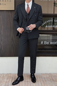 英伦修身男士双排扣纯色西服三件套新郎伴郎礼服套装SJT913-P265图片