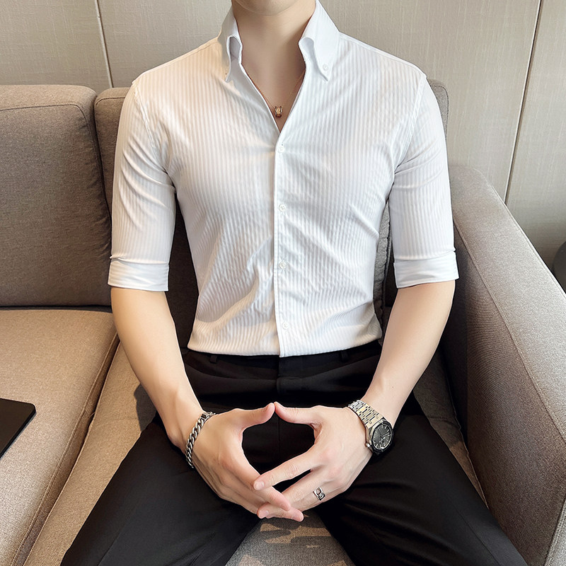 雅痞青年个性网红V领衬衫中袖男帅气修身休闲立领痞帅衬衣C06-P68,男装衬衫,电商C308