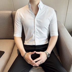 雅痞青年个性网红V领衬衫中袖男帅气修身休闲立领痞帅衬衣C06-P68图片