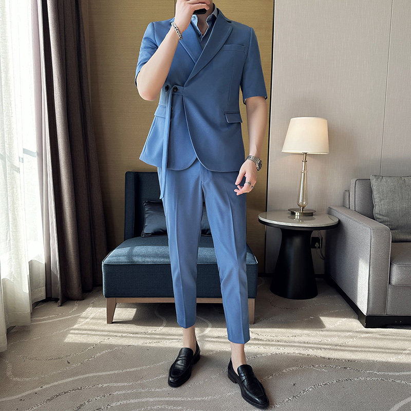 春夏 纯色休闲男士中袖斜扣西服英伦时尚九分西裤套装LJT39-P200图片