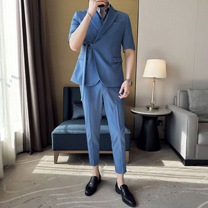 春夏 纯色休闲男士中袖斜扣西服英伦时尚九分西裤套装LJT39-P200图片