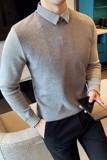 秋冬毛衣假两件条纹衬衫领针织背心套头毛衣男潮黑色MY8248-P95，男装背心/马甲，电商C308