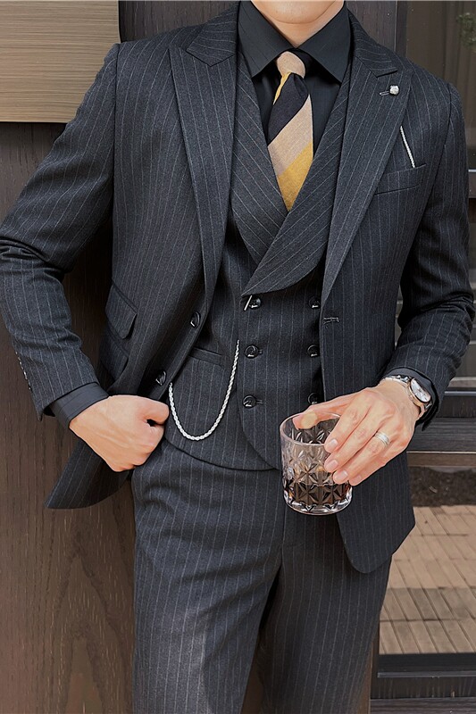 英伦修身男士二粒扣条纹西服三件套新郎伴郎礼服套装SJT918-P300,男装西服,电商C308