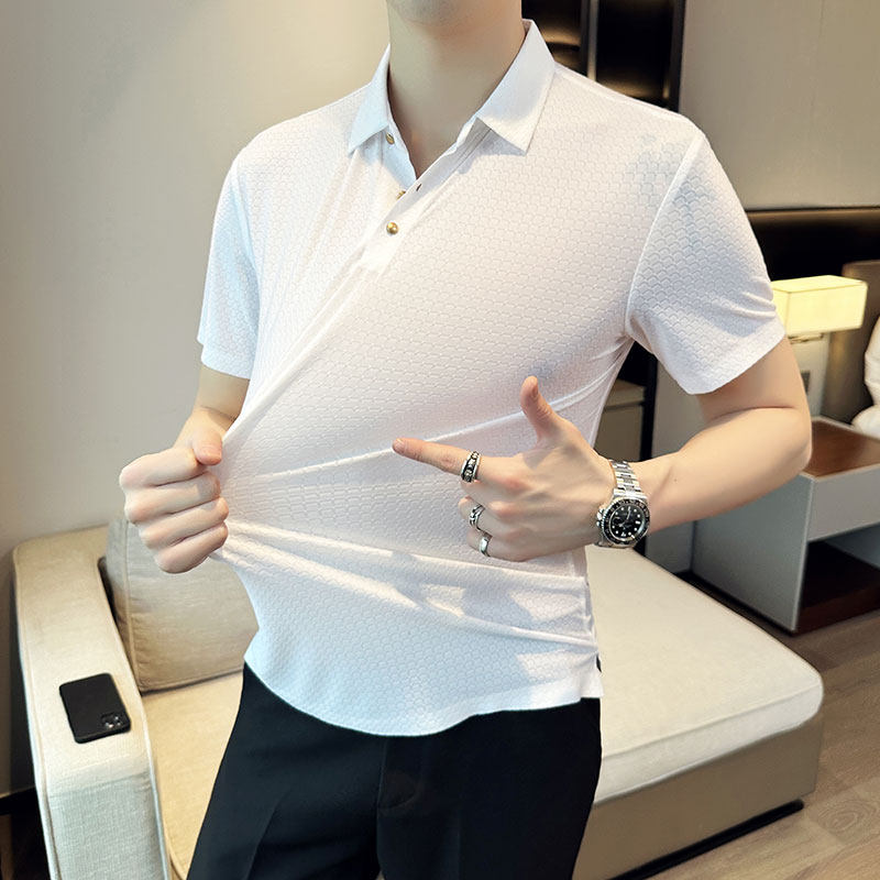 夏季冰丝高弹翻领无痕T恤男士纯色修身短袖POLO衫黑色PL3-P58,男装T恤,电商C308