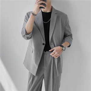 23夏款 轻熟风微宽英伦条纹中袖西服+阔版九分裤套装 TZ13-P195图片