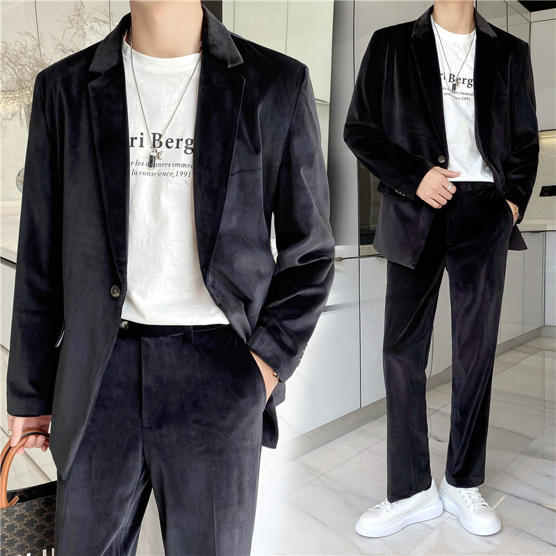 ins轻熟风英伦纯色丝绒西服套装阔版宽松休闲小西装TZ22-P225,男装西服套装,电商C308