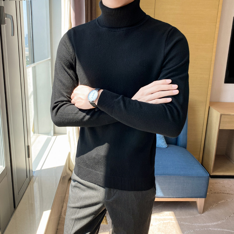 秋冬韩版高领修身打底衫翻领套头纯色针织衫毛衣潮男MY2-P45，男装T恤，电商C308