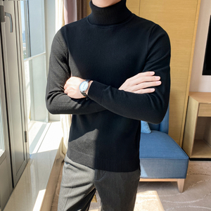 秋冬韩版高领修身打底衫翻领套头纯色针织衫毛衣潮男 MY2-P45，男装T恤，电商C308