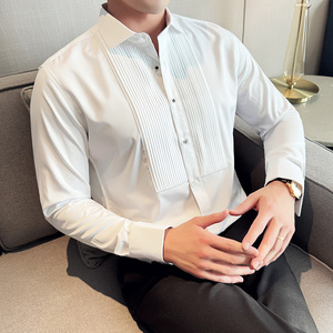 塔士多礼服法式扣衬衫新郎结婚长袖衬衫男拼接设计感衬衣Z015-P75图片
