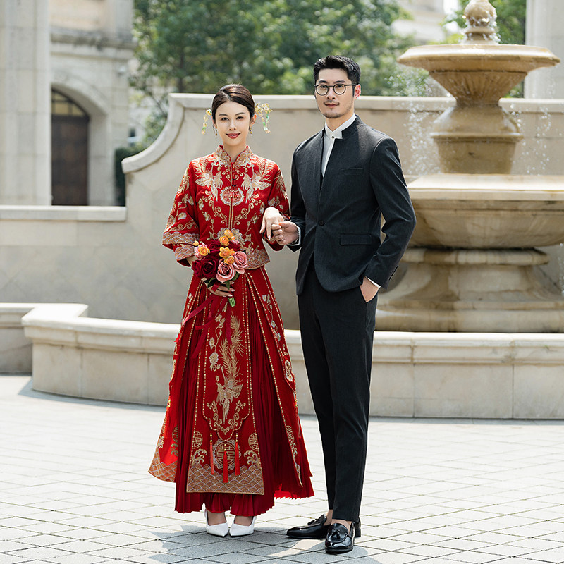 中式新郎西服套装婚礼伴郎礼服男士高级感立领西装SJT954-P280，男装西服套装，电商C308