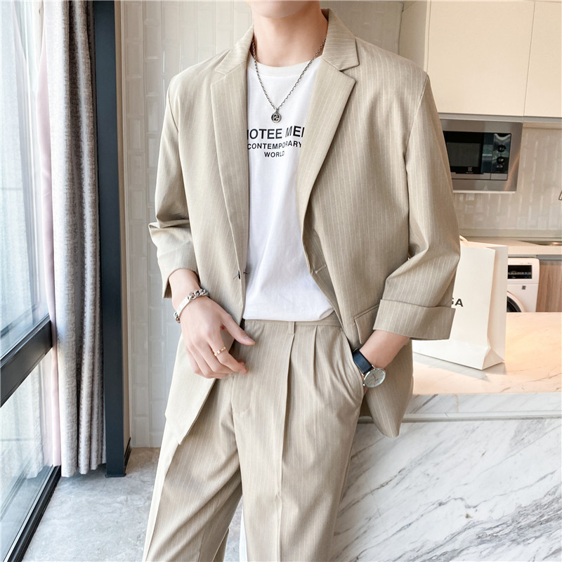 轻熟风微宽英伦条纹中袖西服九分裤套装卡其色TZ13-P195,男装西服,电商C308