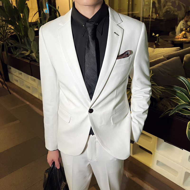 秋冬款英伦韩版修身男士休闲商务西服套装白色LJT830-P205，男装西服套装，电商C308