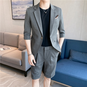 痞帅高级感纯色中袖男士休闲西服+英伦时尚青年短裤套装TZ04-P210图片
