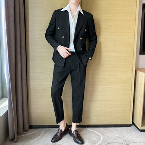 痞帅高级感休闲双排扣条纹小西服+英伦青年九分西裤LJT08-P230，男装西服，电商C308