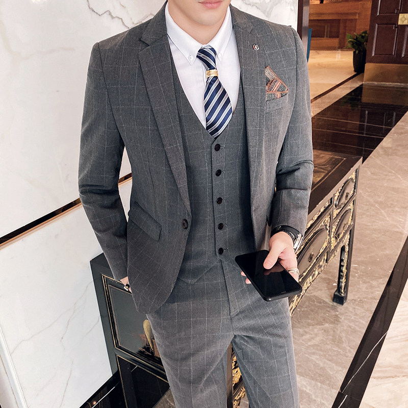 20秋冬款英伦韩风修身男士时尚休闲格子西服三件套SJT959-P295，男装西服，电商C308
