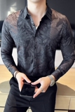 高级感修身花衬衫时尚衬衣男长袖衬衫质感潮流衬衫黑色C2020-P63，男装衬衫，电商C308