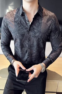 高级感修身花衬衫时尚衬衣男长袖衬衫质感潮流衬衫黑色C2020-P63图片