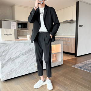 轻熟风英伦条纹微宽长袖西服 九分西裤套装 黑色TZ14-P215，男装西服，电商C308