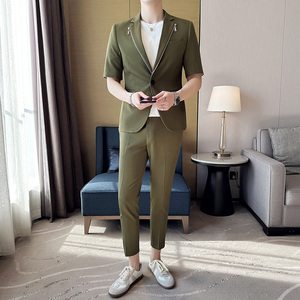 高品质纯色休闲男士中袖拉链西服英伦时尚九分西裤套装LJT38-P200图片
