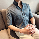 青年雅痞个性网红V领衬衫男中袖帅气修身休闲立领痞帅衬衣C07-P68，男装衬衫，电商C308