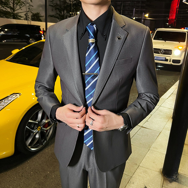 秋冬英伦韩版修身男士休闲商务西服套装新郎套装灰色LJT888-P225，男装西服套装，电商C308
