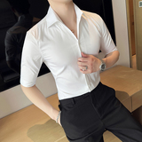 雅痞个性青年一字V领衬衫中袖帅气修身休闲立领痞帅衬衣男C01-P60，男装衬衫，电商C308