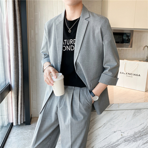 轻熟风微宽英伦条纹中袖西服  九分裤套装 浅灰色TZ13-P195图片
