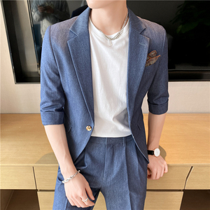 痞帅高级感纯色中袖休闲男士西服+英伦时尚青年短裤套装TZ04-P210图片