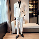 华夫格西装两件套男士套装双排扣休闲西服套装浅绿色LJT906-P225，男装西服套装，电商C308