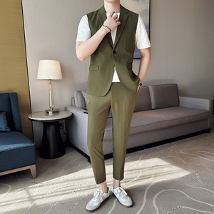 春夏季韩版纯色休闲男士无袖西服英伦时尚九分西裤套装LJT40-P185图片