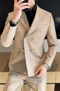 布雷泽英伦韩版修身男士纯色休闲金属双排扣西服套装 LJT890-P230图片