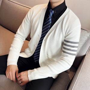 秋冬韩版修身落肩开衫毛衣潮流百搭休闲外套针织衫白色C6704-P80，男装针织衫/毛衣，电商C308