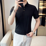 夏季冰丝高弹翻领无痕T恤男士纯色修身短袖POLO衫黑色PL3-P58，男装T恤，电商C308