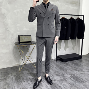 秋冬 韩版修身纯色双排扣男士西服三件套装中灰色SJT902-P265，男装西服，电商C308