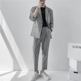 23春夏轻熟风微宽英伦条纹中袖西服+阔版九分裤套装TZ13-P195，男装西服，电商C308