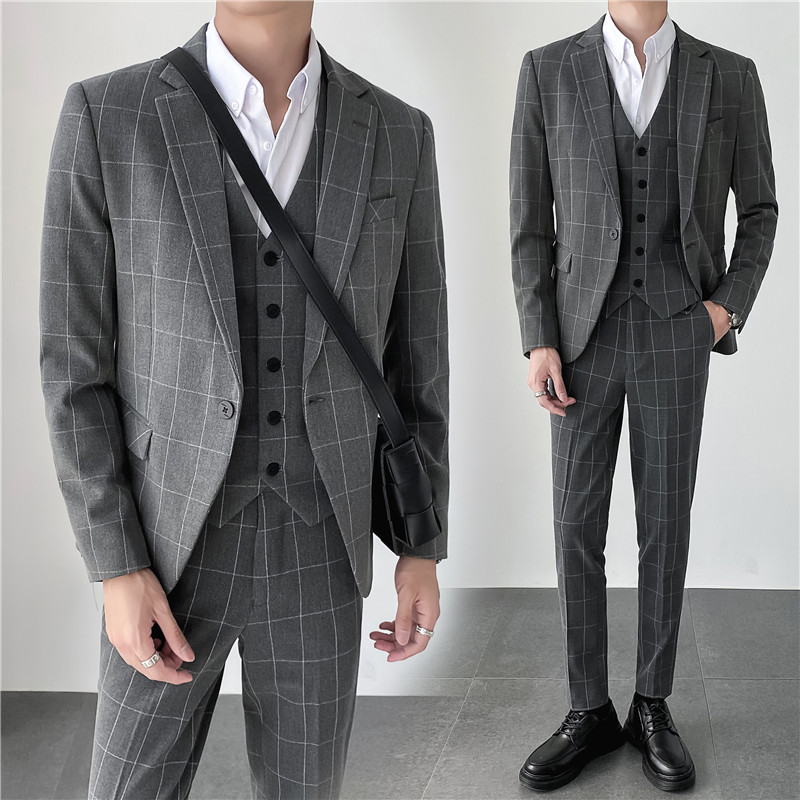 ins轻熟风秋冬韩版修身男士休闲格子西服三件套装SJT905-P280,男装西服,电商C308
