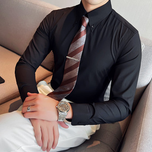 秋款 大领衬衫男长袖薄款潮流帅气修身休闲立领纯色黑衬衣C43-P68图片
