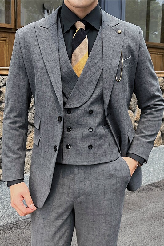 英伦修身男士二粒扣格子西服三件套新郎伴郎礼服套装SJT919-P300,男装西服,电商C308