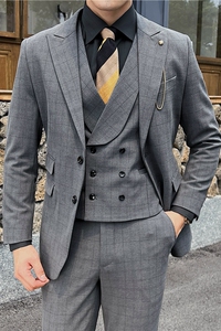 英伦修身男士二粒扣格子西服三件套新郎伴郎礼服套装SJT919-P300图片