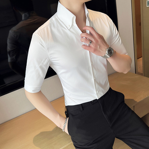 痞帅个性青年网红V领衬衫中袖帅气修身休闲立领痞雅衬衣男C02-P60，男装衬衫，电商C308