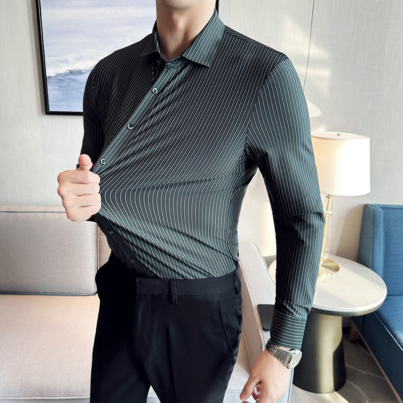 高级感弹力无痕压胶坠感丝滑条纹修身长袖衬衫墨绿色C2103-P90，男装衬衫，电商C308